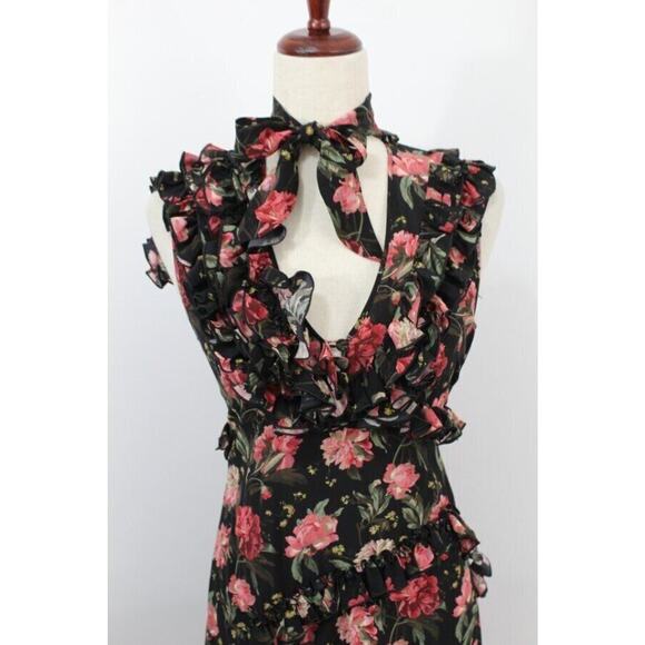 R13 LIBERTY OF LONDON Sz XS Black Pink Rose Floral Silk Dress Ruffle Slit - Picture 8 of 13